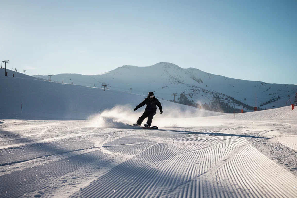 Snowboarder pressionando a nose da prancha em uma pista encardida