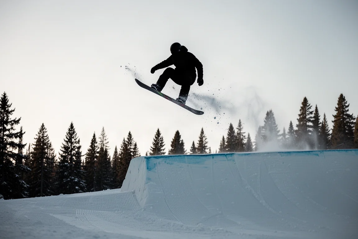 Close-up da quina de uma prancha de snowboard segurando uma curva em neve firme