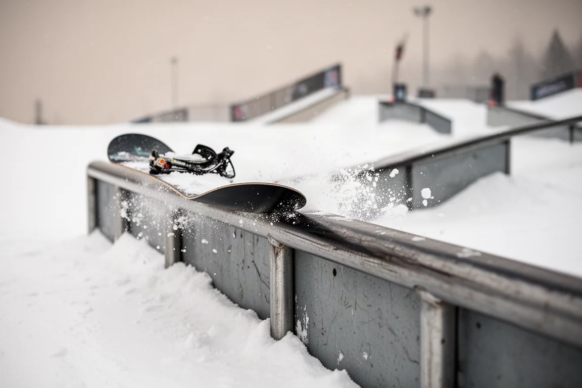Snowboarder deslizando em um rail de aço em um terrain park
