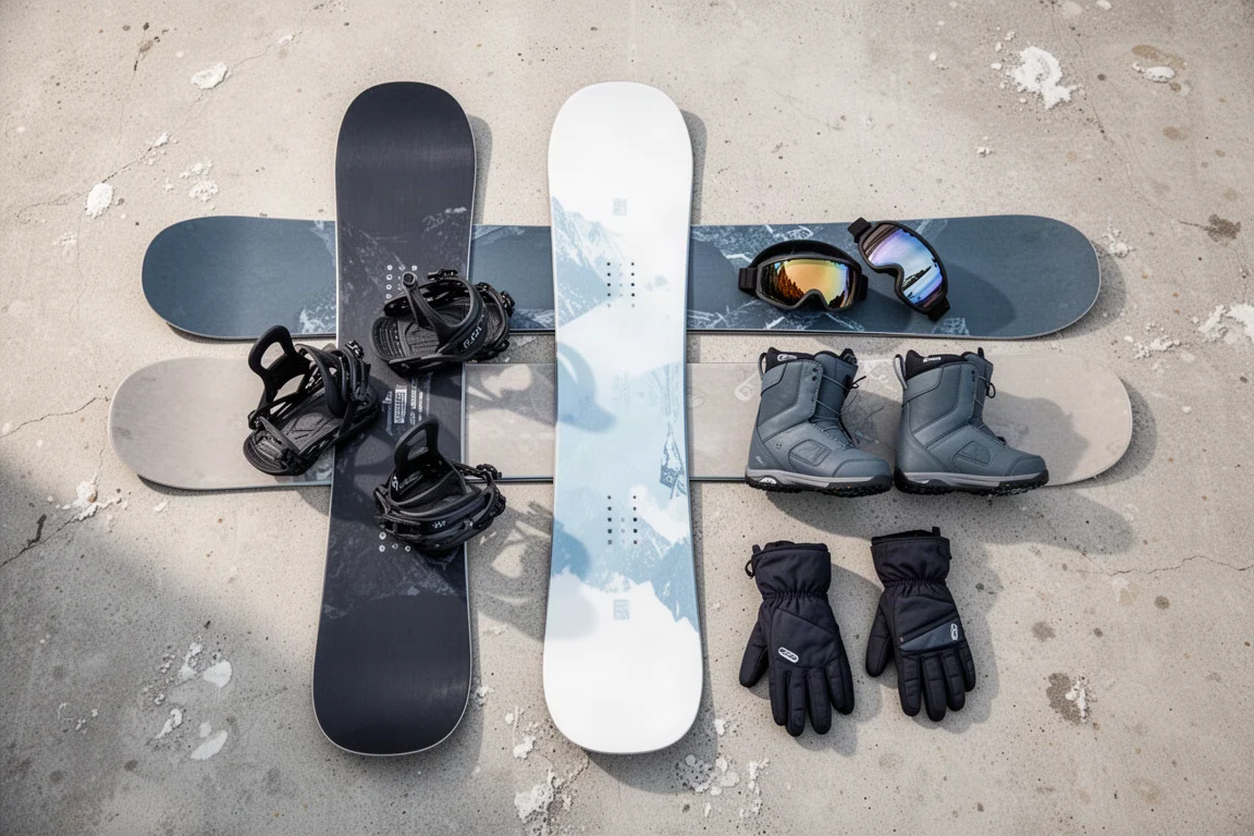 Snowboarder descendo uma pista encardida ampla em uma grande montanha