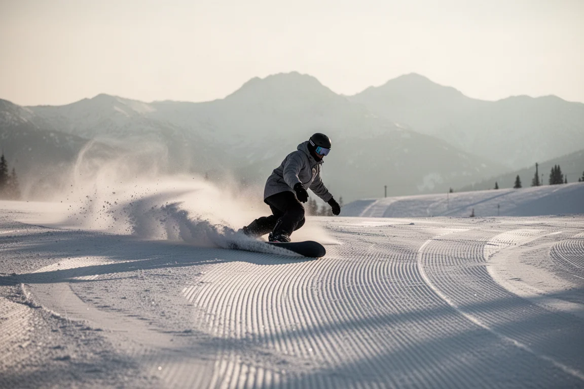 Snowboarder die een board drukt op een metalen parkrail