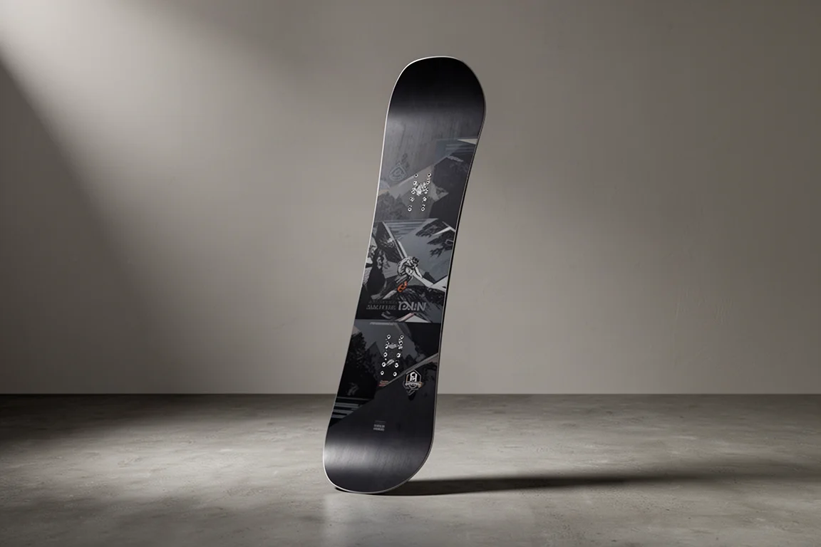 Rossignol Juggernaut snowboard staand op een grijze studio-achtergrond