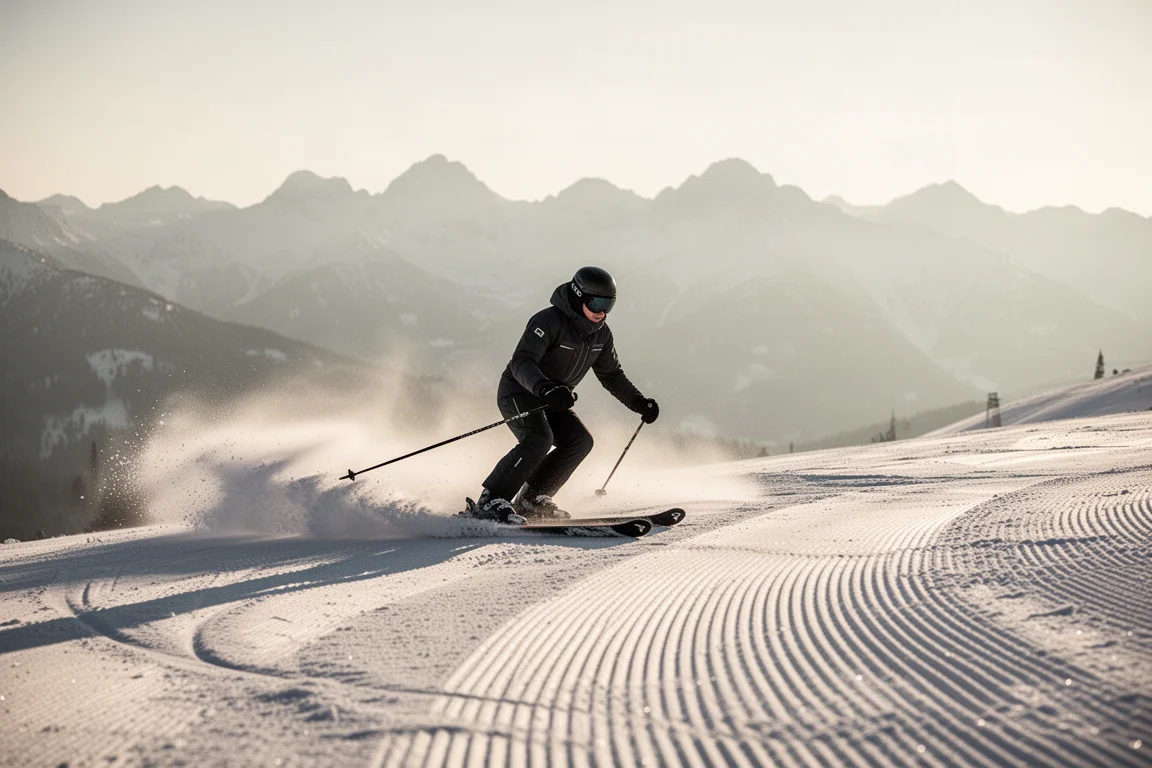 Skifahrer zieht eine enge Kurve auf frisch präparierter Piste im frühen Morgenlicht