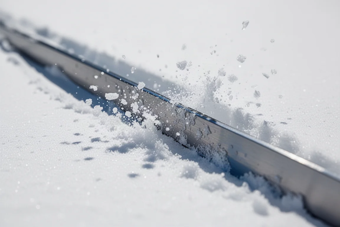 Nahaufnahme einer Skikante, die in festen Schnee beißt, während Eiskristalle aufsprühen