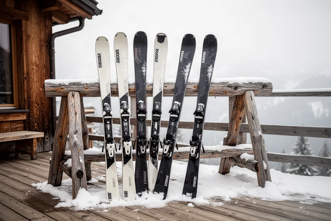 Mehrere Skipaare unterschiedlicher Breite lehnen an einem schneebedeckten Rack
