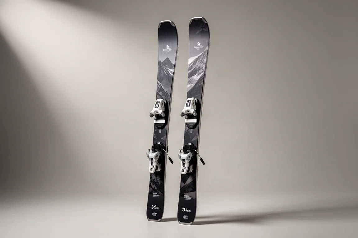 Pair of narrow frontside carving skis with dark topsheets and mounted bindings on a grey studio backdrop