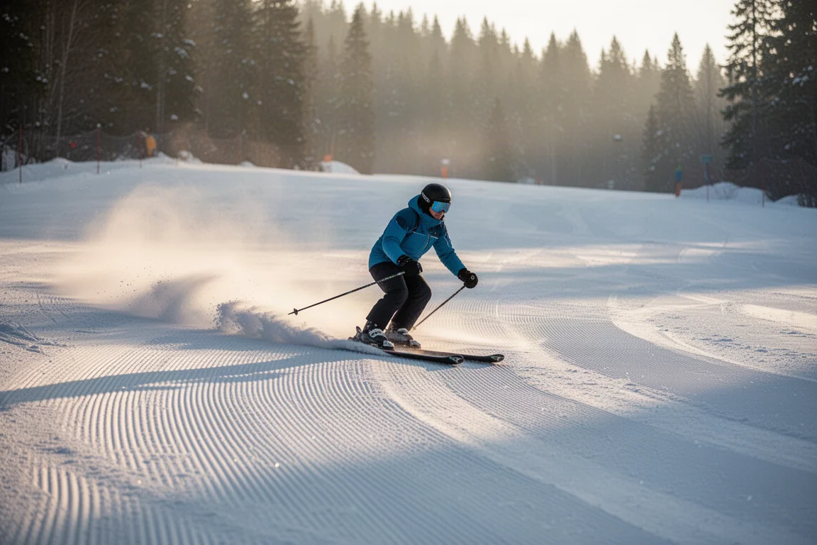 Skier making smooth carved turns on an empty groomed piste in early morning light