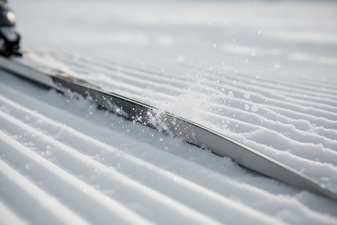 Close-up of a ski edge gripping groomed snow with a fine spray of crystals