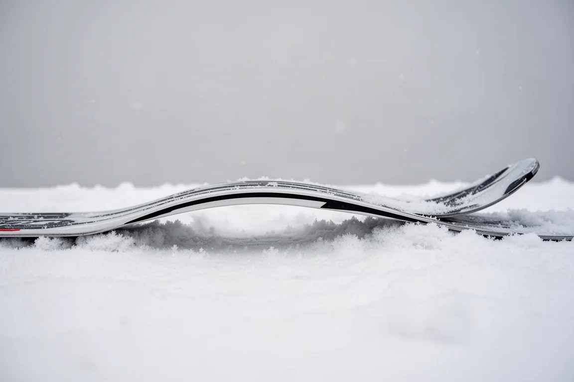 Side profile of a narrow alpine ski showing camber and forebody ridge detail
