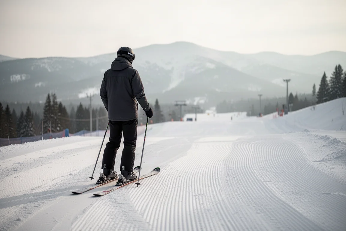 Skier standing on a groomed resort trail looking down the slope in morning light