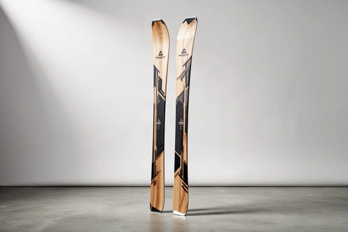Narrow-waisted frontside carving skis standing upright on a matte concrete floor against a pale grey backdrop