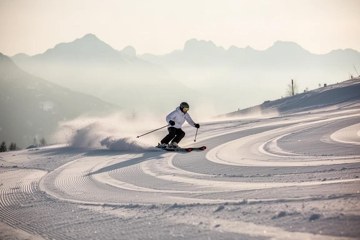 Sciatore che concatena curve in carving su una pista battuta al mattino