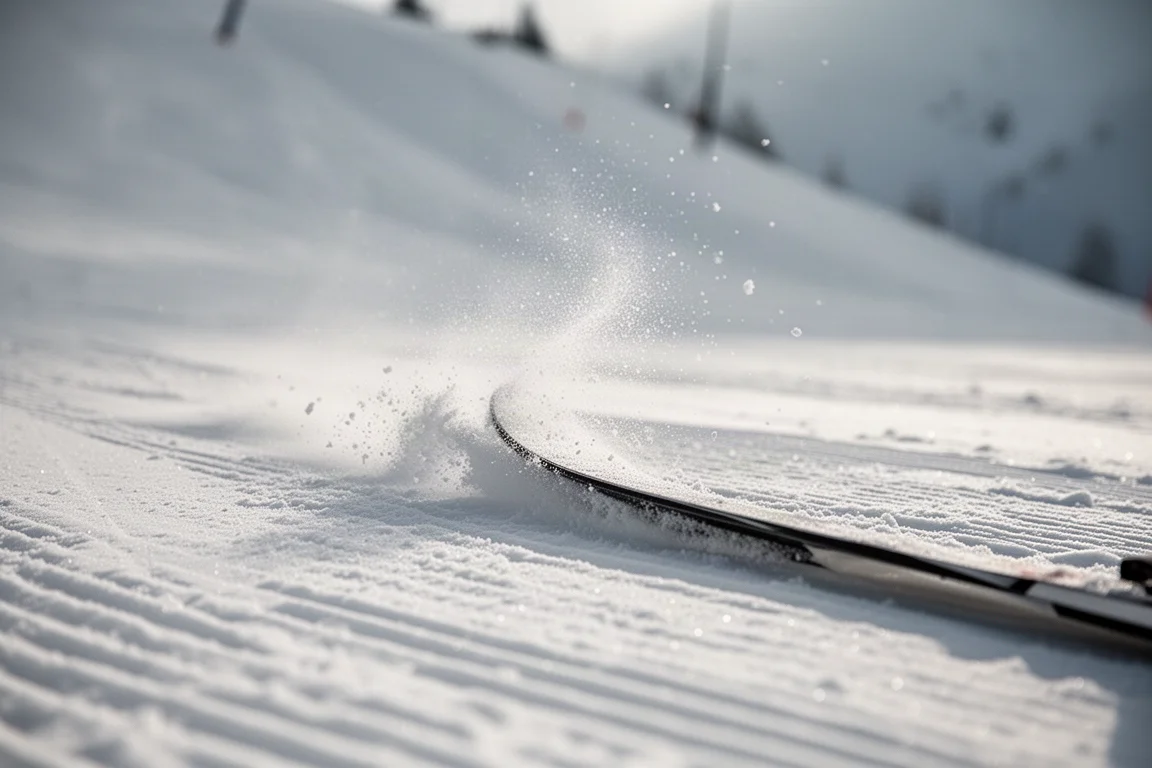 Primo piano di un canto dello sci che aggredisce la neve compatta durante una curva