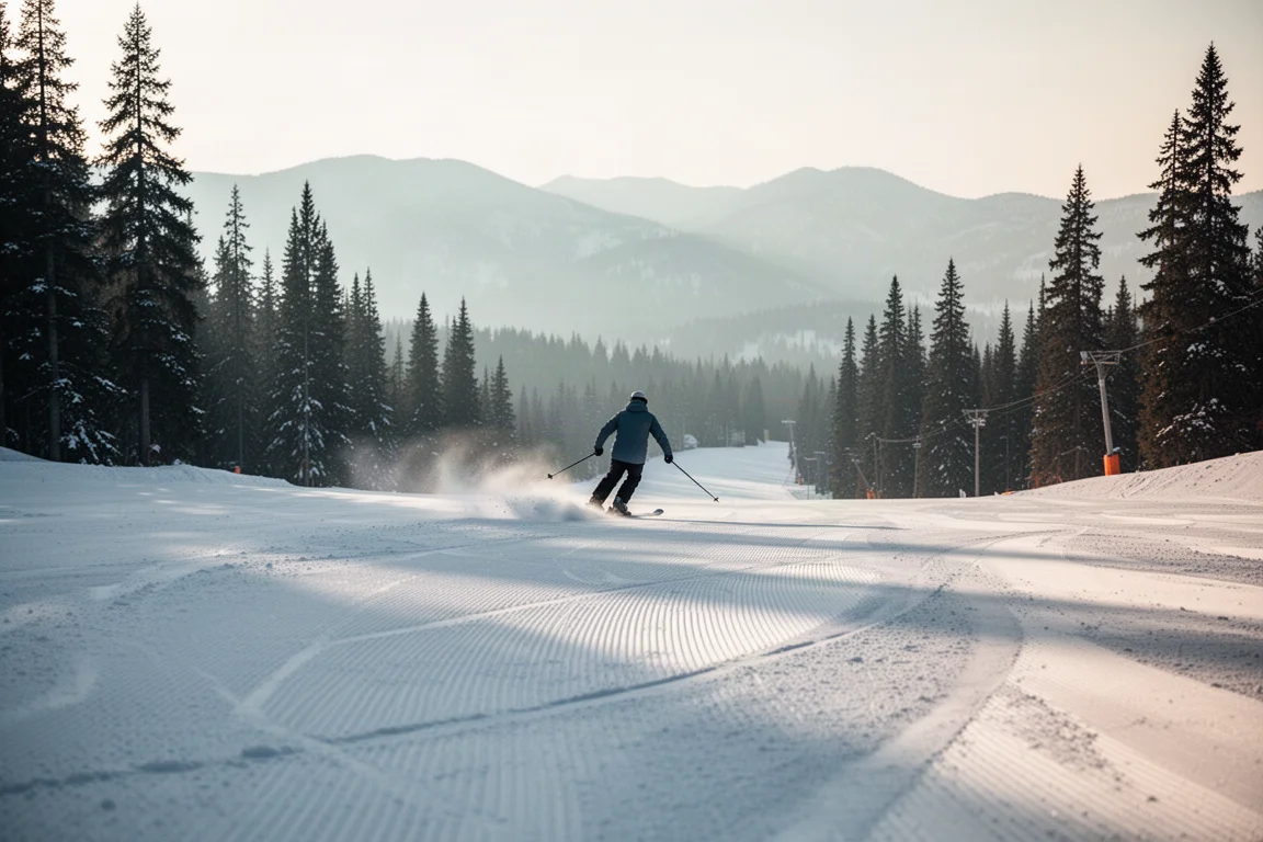 Skier seen from behind descending a wide groomed ski run in soft morning light