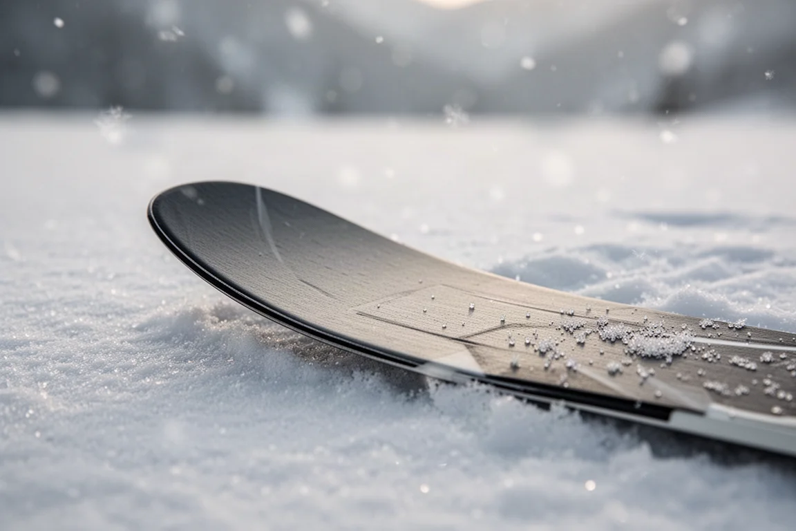Close-up of a ski top sheet and tip resting on packed snow with soft light