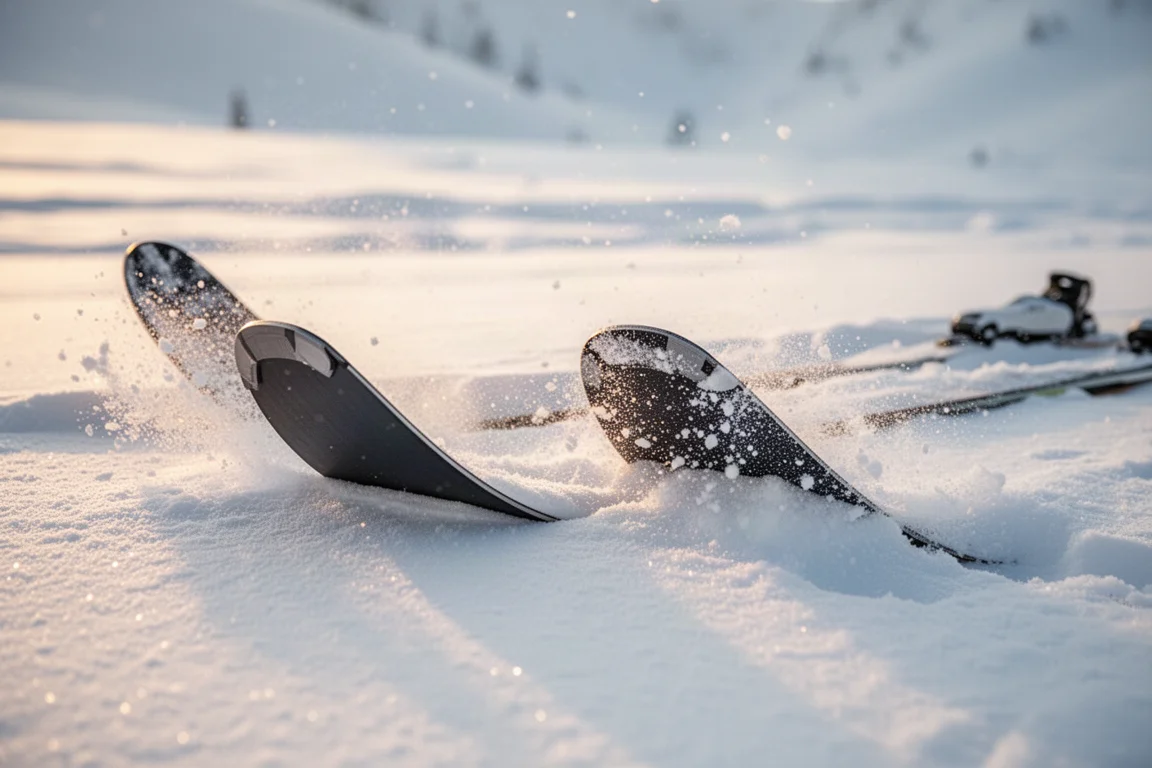 Rockered and tapered ski tips floating in fresh powder snow at sunrise