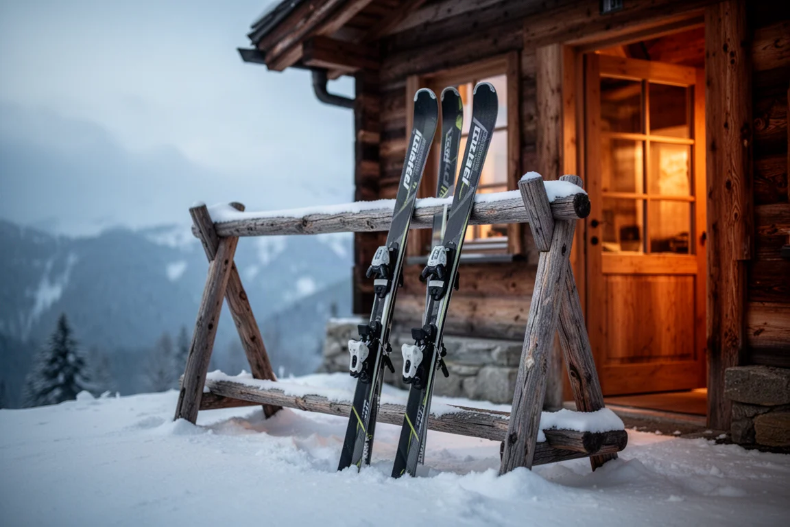 Pair of all-mountain skis leaning against a wooden rack outside a mountain lodge