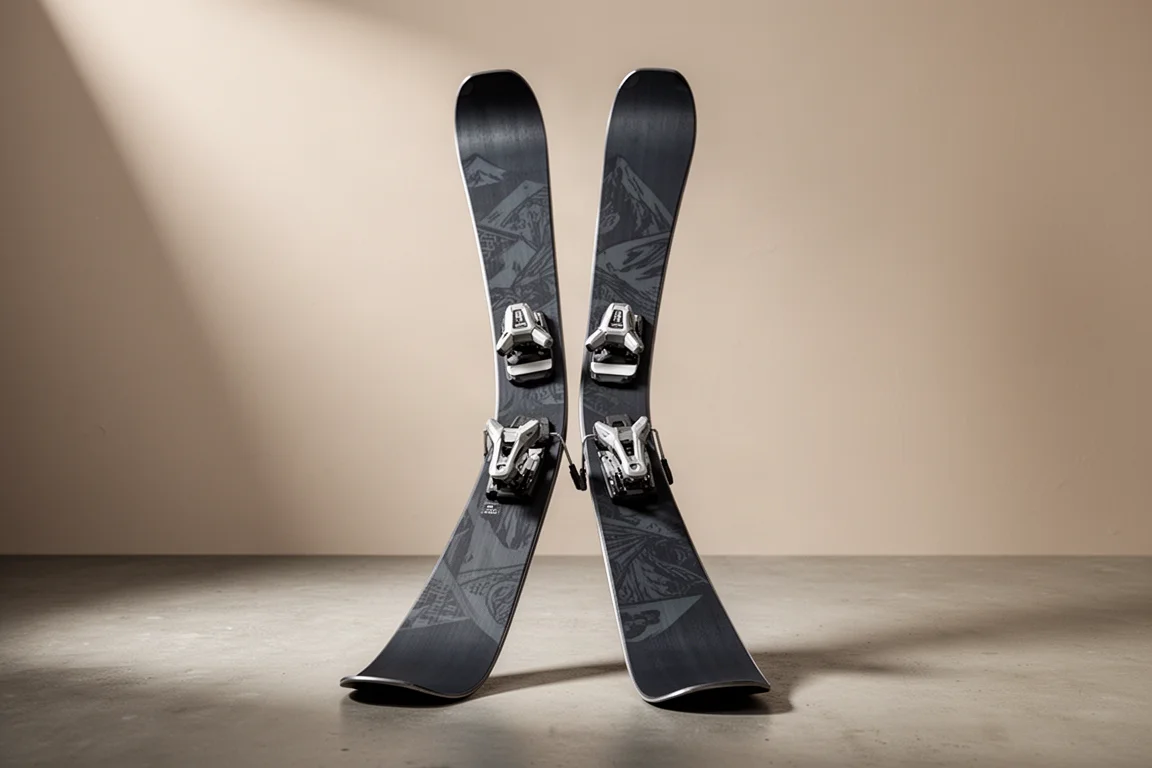 Pair of all-mountain skis with rockered tips standing upright on a concrete surface
