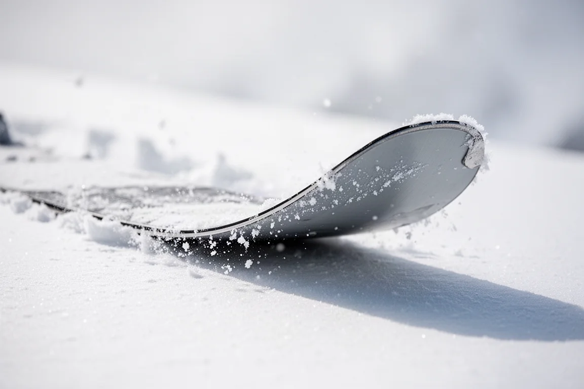 新雪に差し込まれたスキーの先端部分のロッカー形状がわかるクローズアップ
