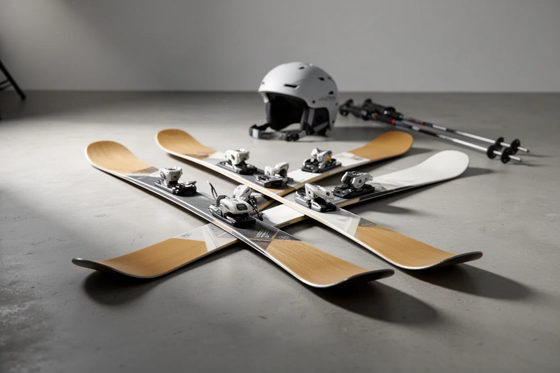 Wide freeride skis with rockered tips on a concrete floor beside a helmet and poles
