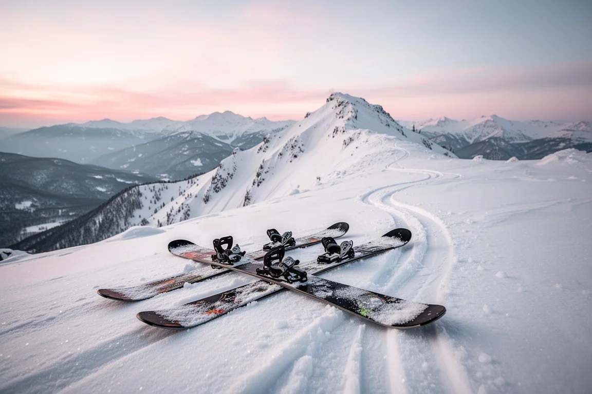 Breite Freeride-Skier liegen auf frischem Pulverschnee nahe eines Berggrats in der Morgendämmerung