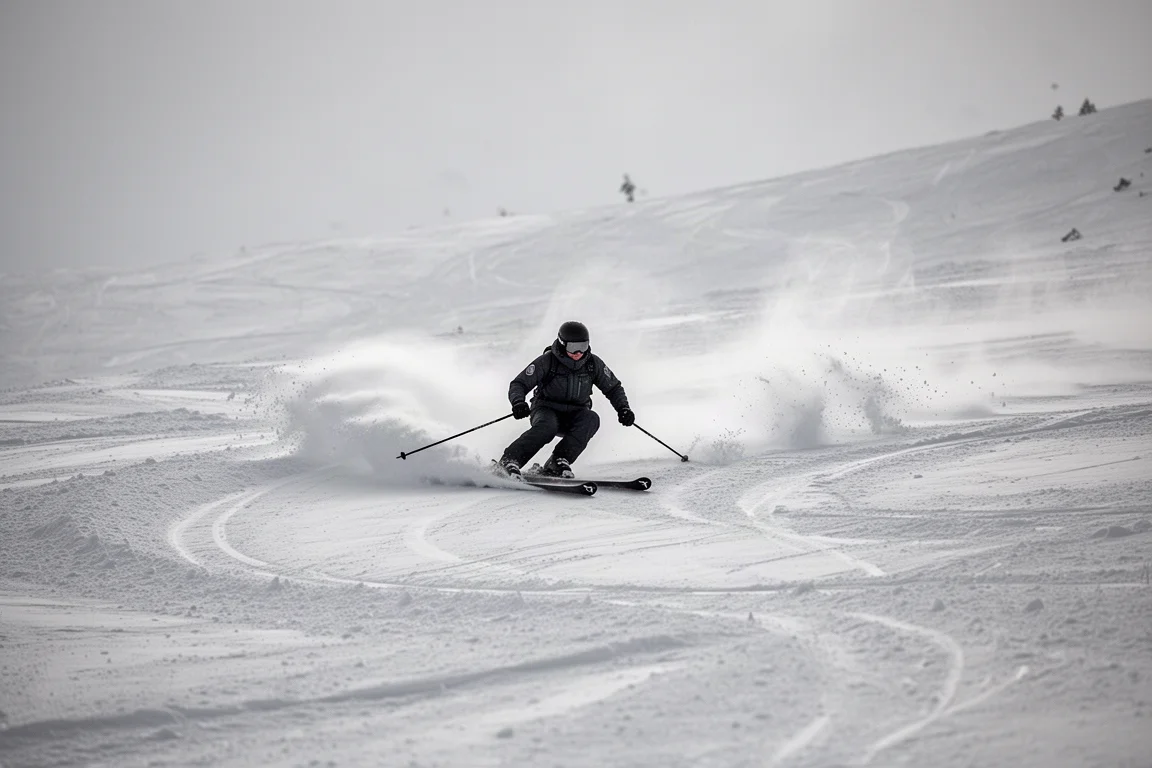 Skifahrer zieht einen langen Bogenschwung durch weichen Schnee, Schneegischt hinter ihm