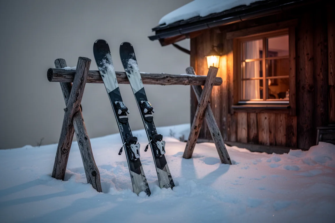 Paar Freeride-Skier lehnen in der Abenddämmerung an einem Holzständer vor einer Berghütte