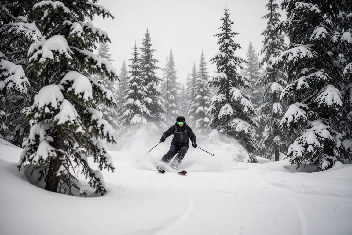 Skier making a turn between snow-covered trees in soft winter light