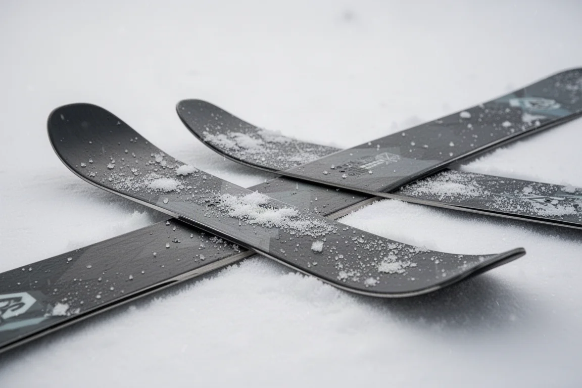 Close-up of ski tips and tails showing rocker profile on a snowy surface