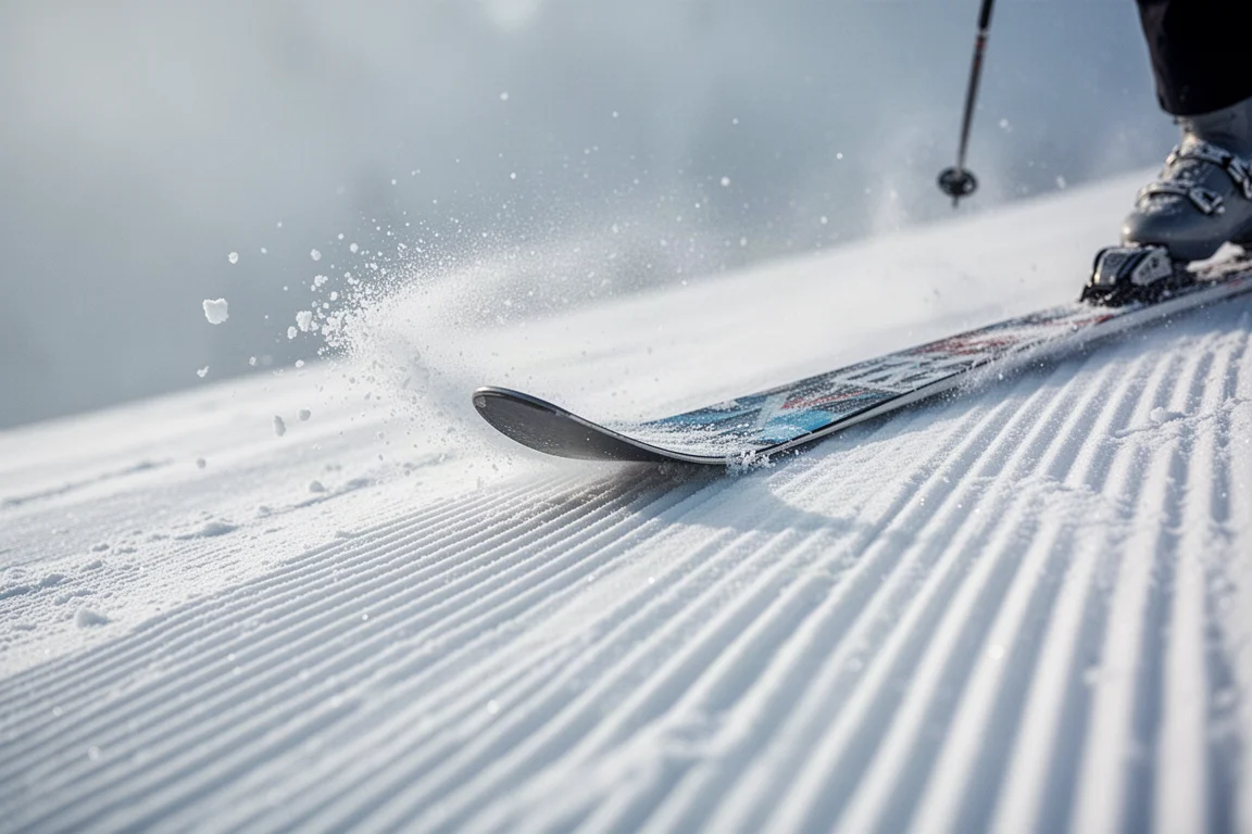 Ski edge carving into firm groomed snow with a spray of crystals