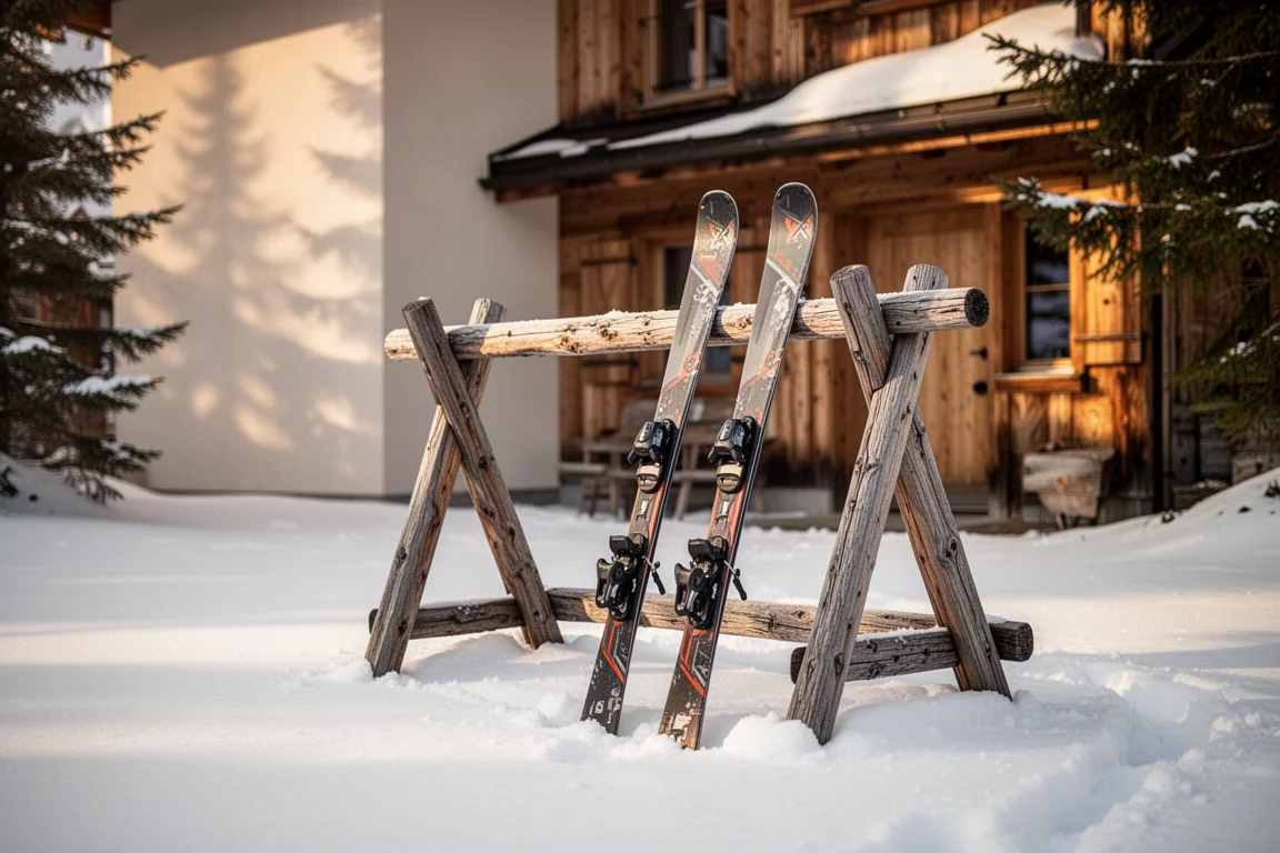 Two skis resting against a wooden rack outside a mountain lodge