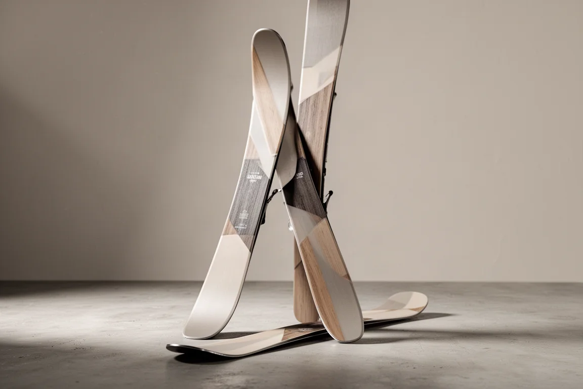 Pair of women's freeride skis standing upright on a matte concrete surface