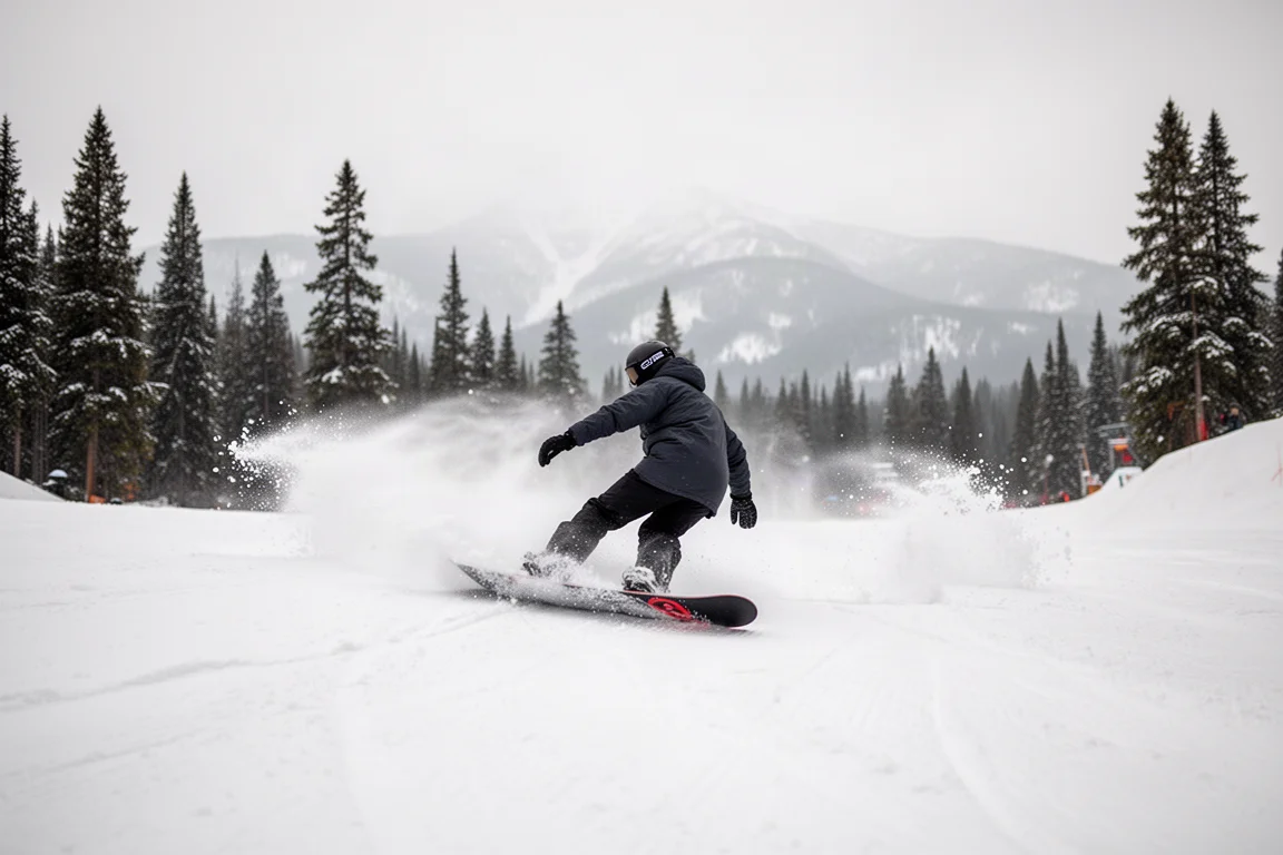 Snowboarder carvt door zachte romige sneeuw op een zonnige berghelling