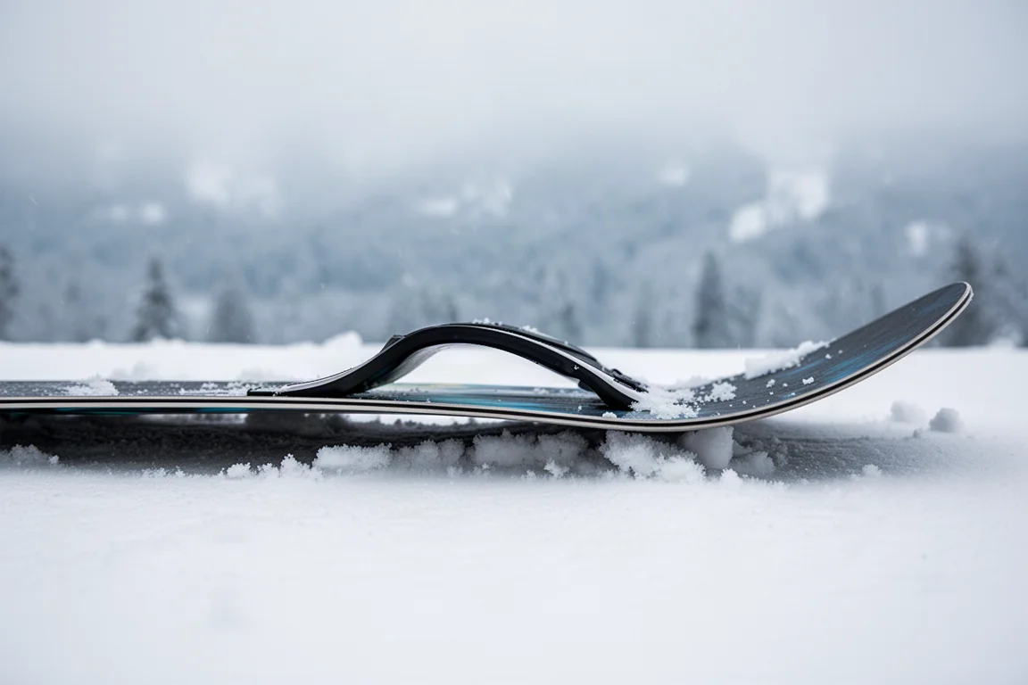 Close-up van de omhooggebogen nose van een snowboard, rustend in zachte poedersneeuw