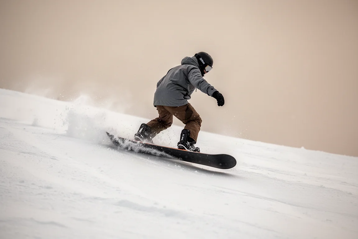 Snowboarder doet een butter op een geprepareerde piste met de tail van het board in de sneeuw