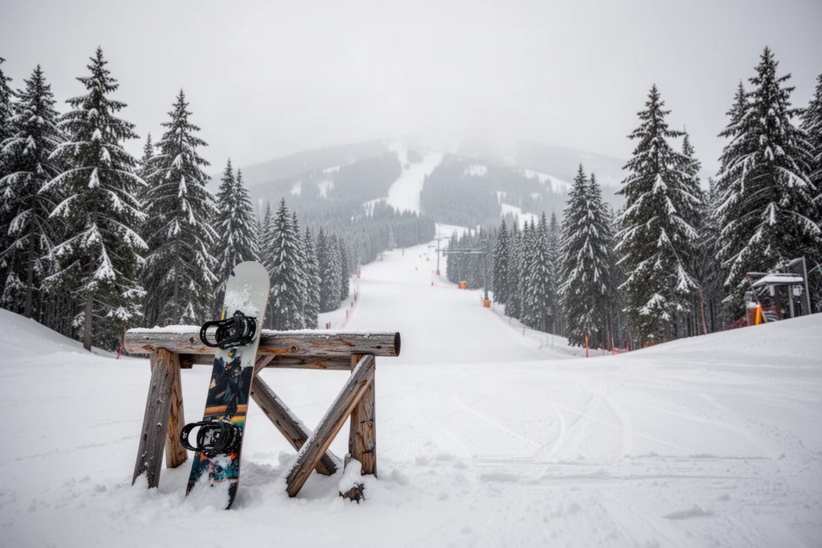 Snowboard leunt tegen een houten rek op een bergresort in laat namiddags licht