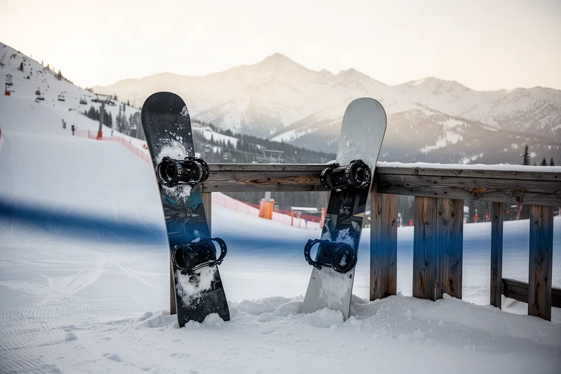 Snowboard lutad mot ett träräcke på en skidort i gryningen med snötäckta toppar i bakgrunden