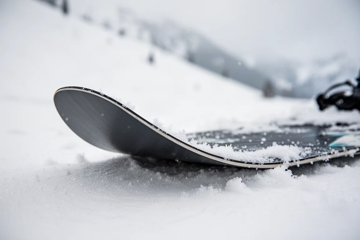 Närbild på en snowboardspets lyft över packad snö som visar rocker-profilen