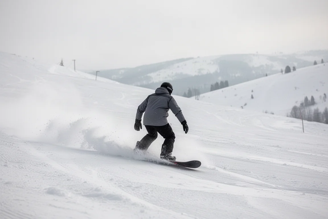 Snowboardåkare som carvar en sväng på en preparerad pist med snöspray, sett bakifrån