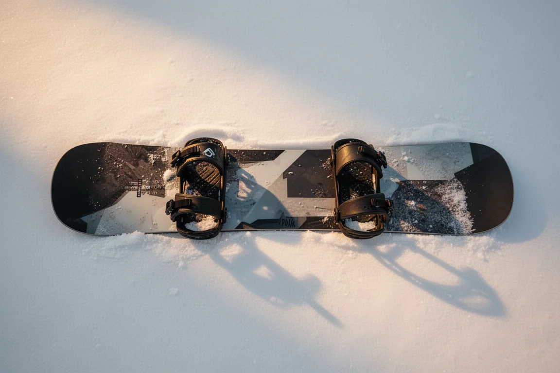 Ögonblicksbild uppifrån av en snowboard med bindningar på packad snö vid gyllene timmen