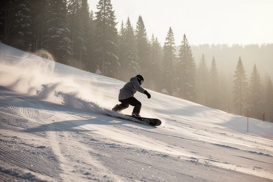 Snowboarderzy jeżdżący po miękkim, przygotowanym stoku w jasnym porannym świetle