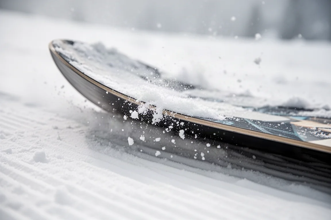 Zbliżenie na krawędź snowboardu wcinającą się w przygotowany śnieg