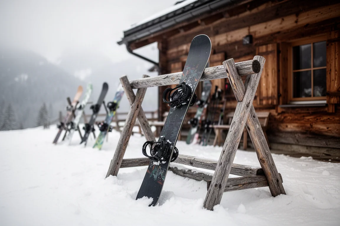 Snowboard oparty o drewniany stojak przed górskim schroniskiem