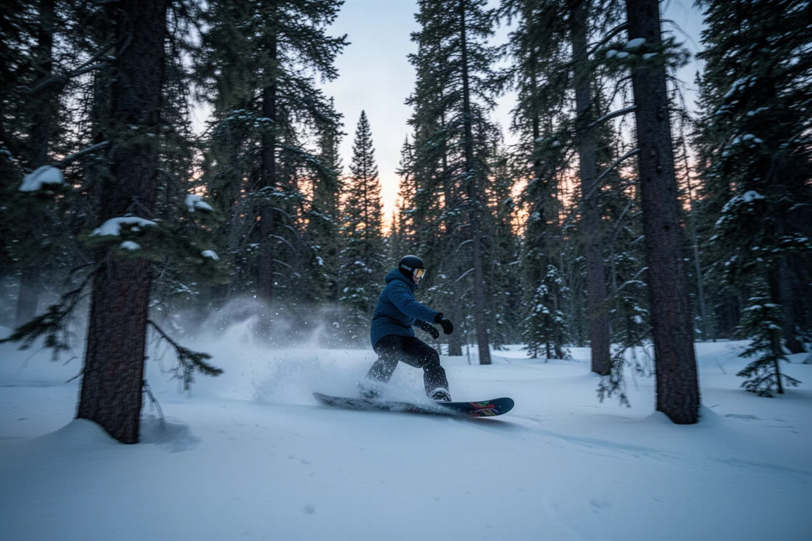 Snowboarder jadący przez miękki śnieg w polanie o zmierzchu