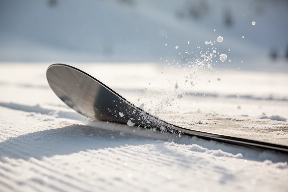 In frisch präparierten Schnee gedrücktes Snowboard-Heck mit feinem Kristallspray