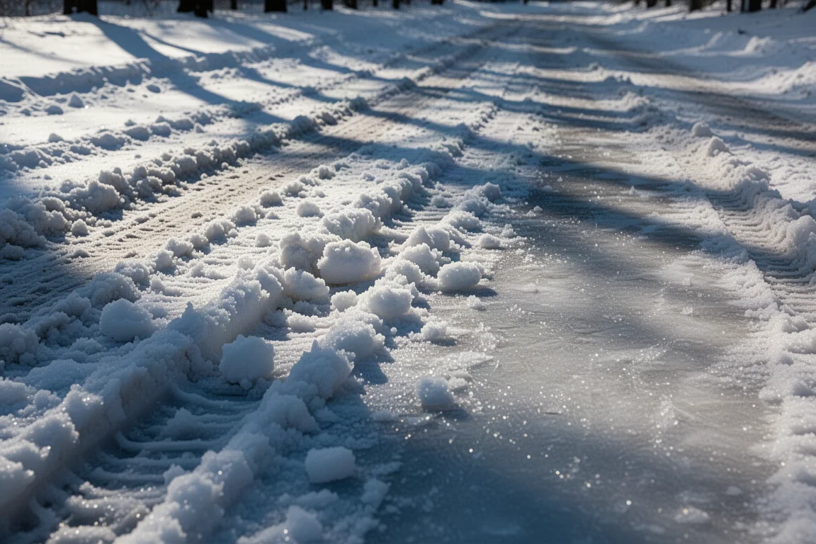 Durchgespurreter Buckelschnee mit Eisstellen im Schatten und Sulz in der Sonne