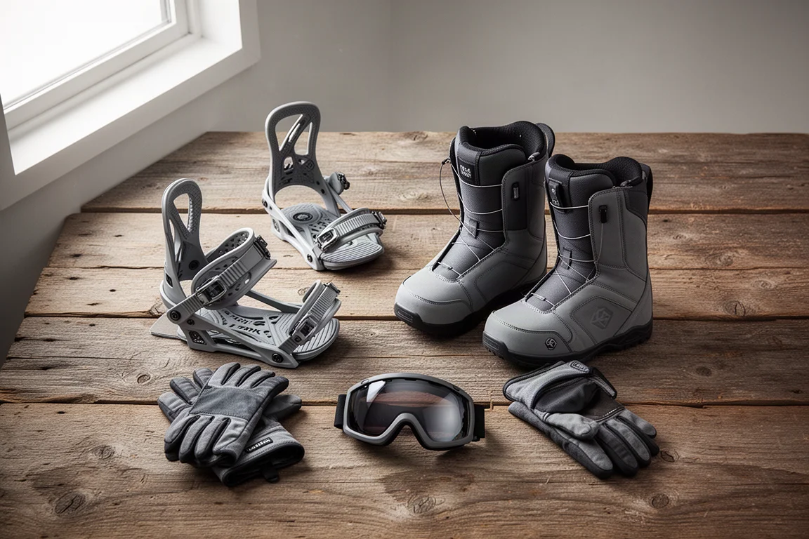 Draufsicht auf Snowboard-Bindung, Boots, Handschuhe und Goggle auf Holz