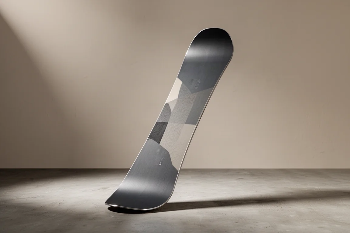 Snowboard standing upright on a matte concrete surface in soft studio light