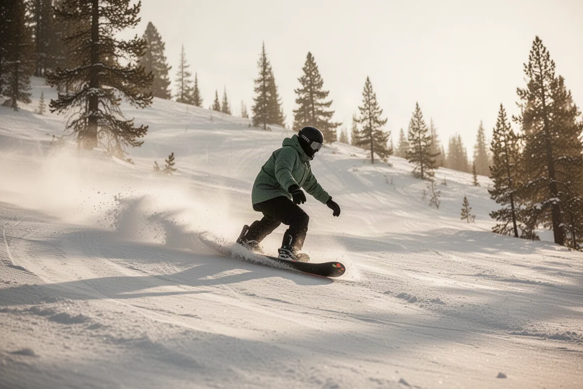Snowboarder carving on a firm groomed slope at a mountain resort
