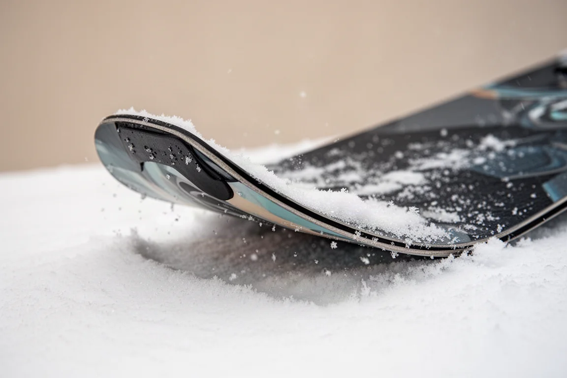 Close-up of a snowboard nose pressed on groomed snow during a butter trick